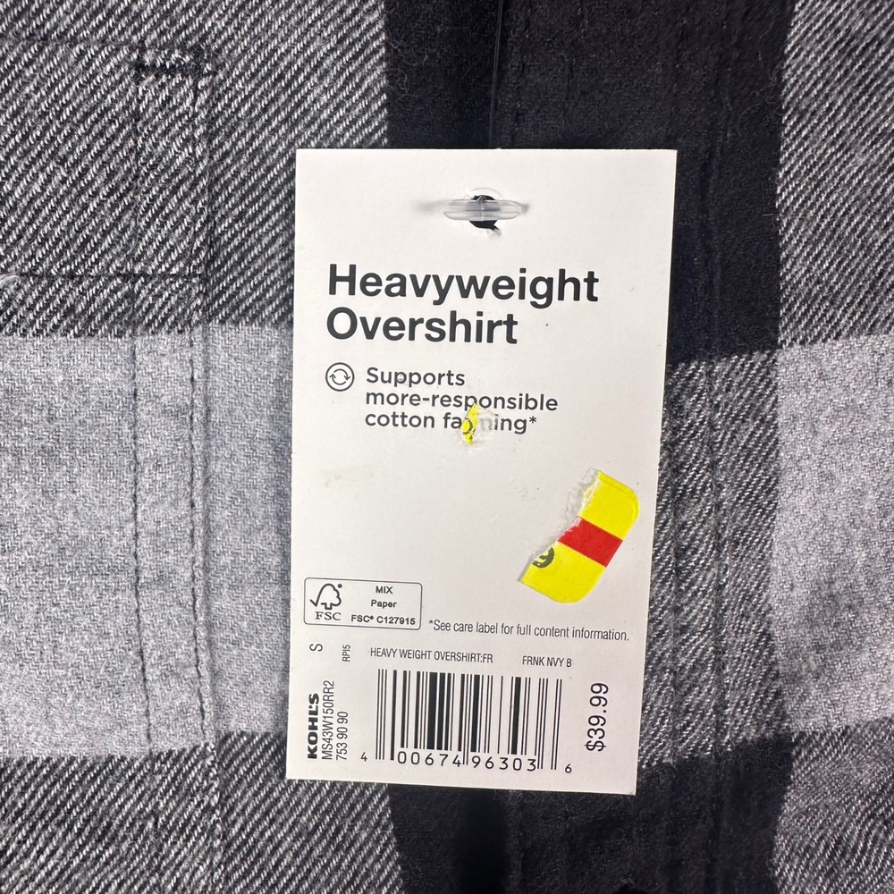NWT Sonoma Mens Heavyweight Overshirt Black Grey Plaid Flannel Shirt S - Picture 2 of 9